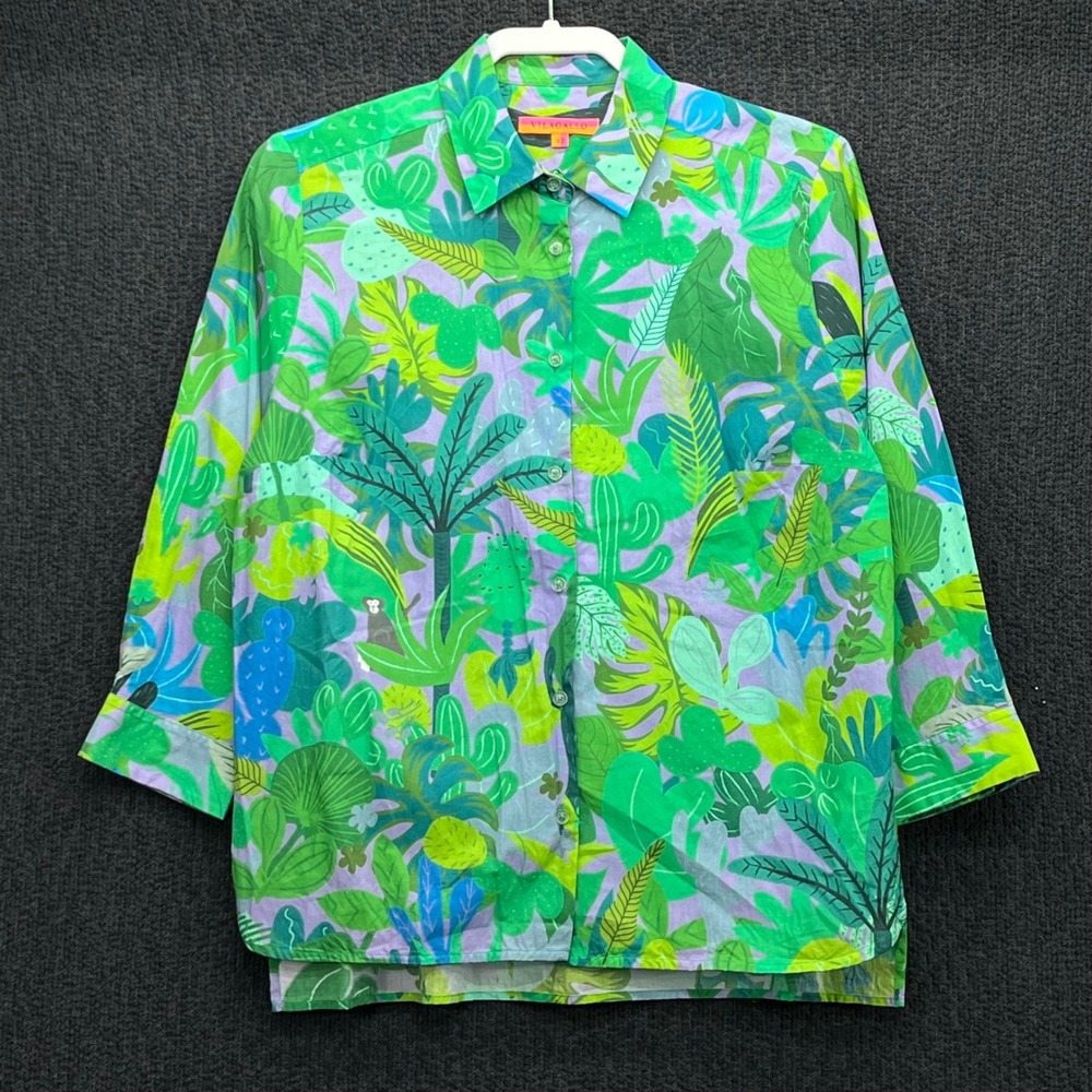 Vilagallo Tropical Jungle Print Cotton Button Up Shirt Green Purple Size 42